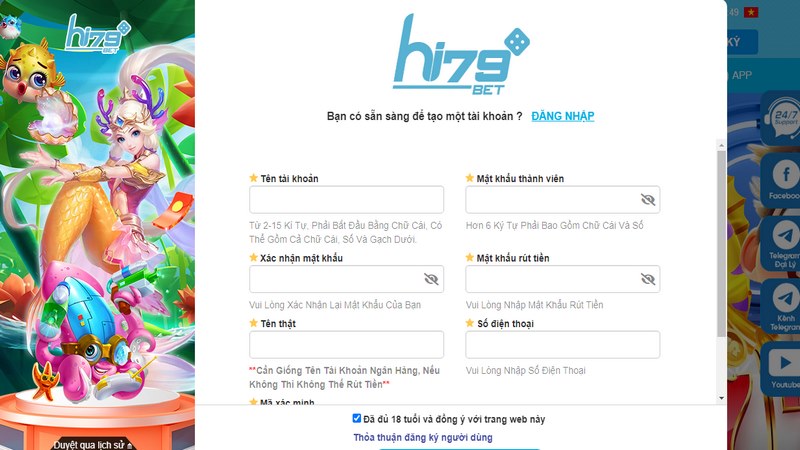 Điền đầy đủ thông tin cần thiết để bắt đầu quá trình đăng ký Hi79