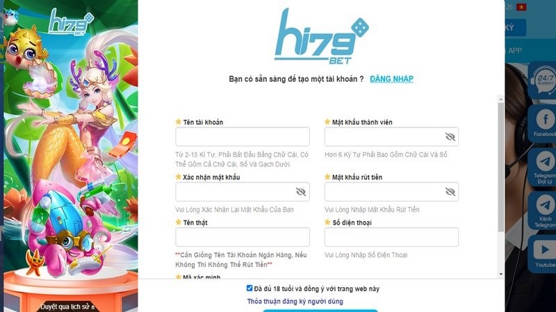 Để tham gia trải nghiệm trò chơi tại Hi79, anh em cần đăng ký tài khoản mới